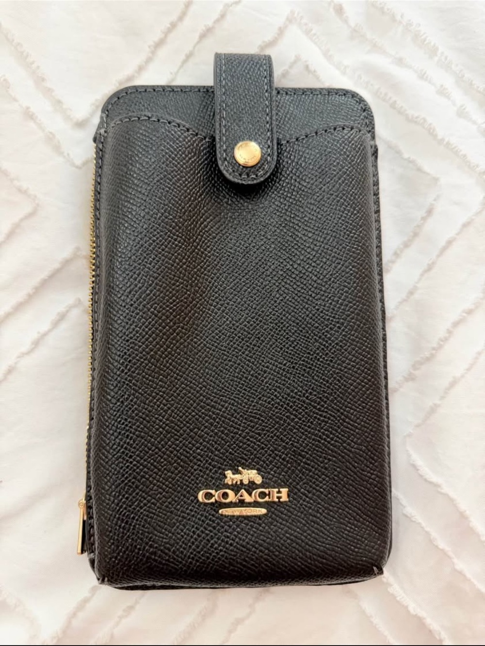 Coach Black Leather Zip Phone Wallet Case with Gold Logo
